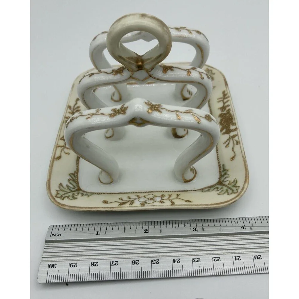 Antique Nippon Hand Painted Toast Rack Holder White Gold Flower Bead Trim 5 in